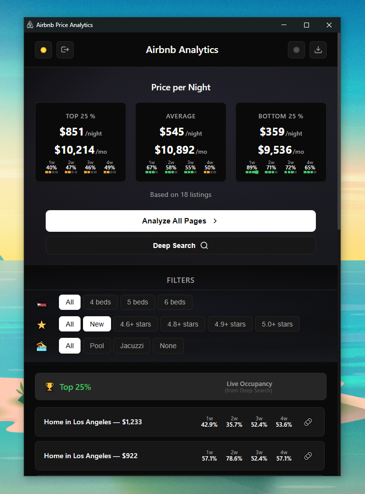Deep Market Analysis interface with comprehensive filtering